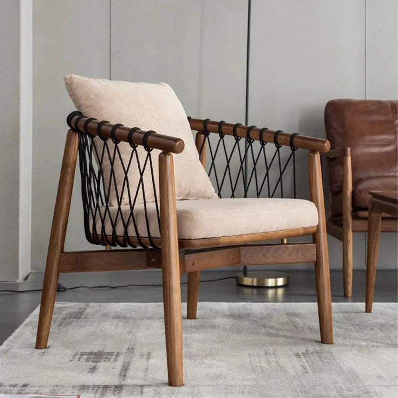 Modern Solid Wood Rope Woven Double Armrest Lounge Chair